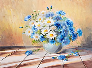 Oil painting still life, bouquet of flowers on a wooden table