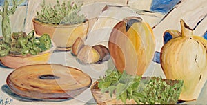 Oil painting - still life with broken jug, amphora, planters, succulents, millstone in front of walls and stone chunks in Greece.
