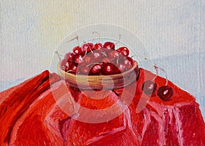 Oil painting still life, red cherry on the background of red drapery close-up, expressive texture, bright strokes, relief strokes,