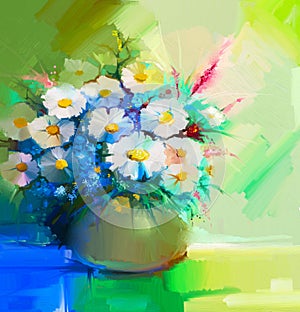 Oil painting Still life of white gerbera, daisies, lilac