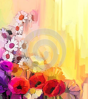 Oil painting Still life of white,yellow and red color flowers