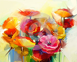 Oil painting Still life of yellow, pink and red poppy