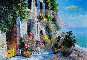Oil Painting - stone embankment, filled with flowers near the sea