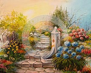 Oil Painting - stone stairs in the forest