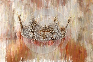 oil painting style abstract image of lady with white dress holding gold crown. fantasy medieval period.