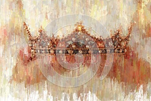 oil painting style abstract image of lady with white dress holding gold crown. fantasy medieval period.