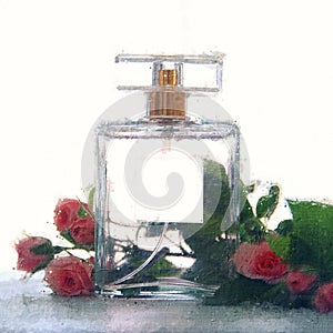 Oil painting style illustration of elegant perfume bottle