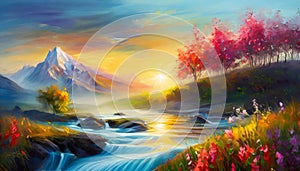 Oil painting of mountain peaks, river or lake, blooming nature and tree with pink flowers. Natural landscape