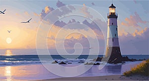 oil painting-style image of a serene beach at twilight, with a lone lighthouse standing tall against the fading light