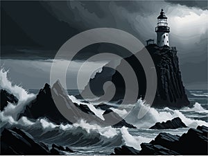 oil-painting-style image of a tranquil beach at twilight, with a lone lighthouse standing tall against the darkening sky