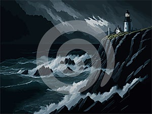 oil-painting-style image of a tranquil beach at twilight, with a lone lighthouse standing tall against the darkening sky