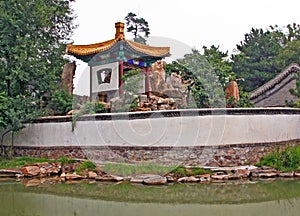 Oil painting stylized photo of chinese pond and pavilions