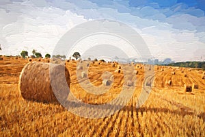 Oil painting summer landscape - hay bales on the field after harvest.