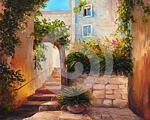 Oil painting - summer street with blooming flowers.