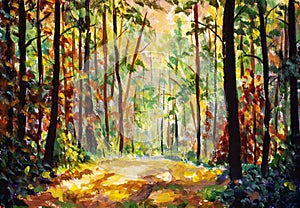 Oil painting sunny Autumn forest.