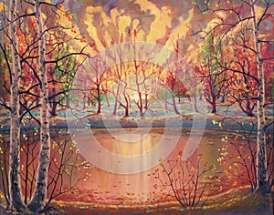 Oil painting sunset autumn landscape on canvas with nature, beautiful forest, golden foliage, crimson trees, sun light beams