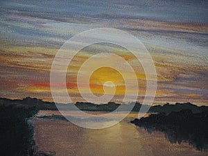 Oil painting with sunset. Landscape with a big river