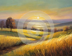 Oil painting of sunset landscape during golden hour