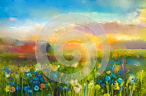 Oil painting sunset meadow landscape with wildflower