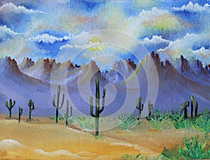 Oil Painting of the Superstition Mountains scenic desert landscape view located in Apache Junction, Arizona, United States