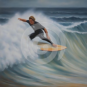 Oil Painting - Surfing Bigwave