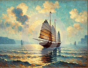 Oil painting of a traditional junk boat heading to the sea