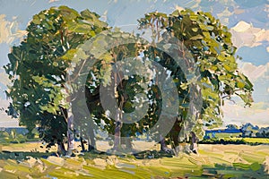 An oil painting of trees upon the countryside by munnings visible paint strokes
