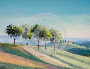 Oil painting of trees in landscape during bright clear day on the hills with blue sky