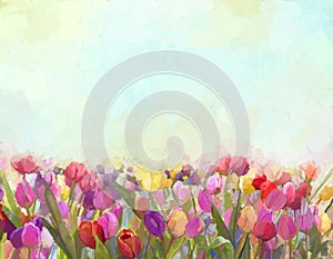 Oil painting Tulips flowers in the meadows