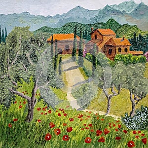 Oil painting of tuscan landscape - God is in details photo