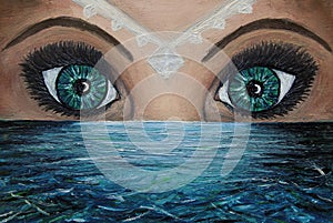 Olej maľovanie z dve oči vyššie more a biely šperk na žena voda 