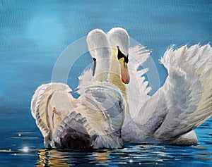 Oil painting of two graceful white swans