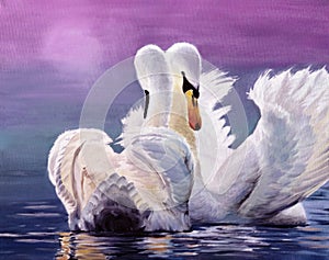 Oil painting of two graceful white swans