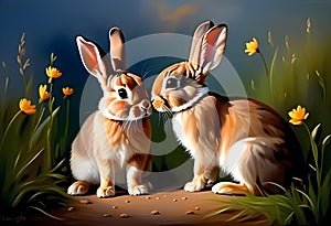 oil painting.two rabbits in love.long ears, a short tail, long hind legs