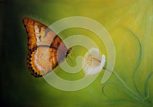 Oil painting of a vibrant butterfly about to land on a Cala flower petal