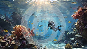Oil painting: A vibrant coral reef teeming with marine life, including exotic fish, sea turtles, and an octopus, illuminated by