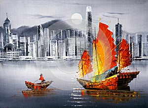 Oil Painting - Victoria Harbor, Hong Kong photo
