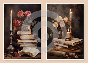 oil painting, vintage faded rustic charm, stack of dusty old books, roses, a candle, against neutral tones textured background,