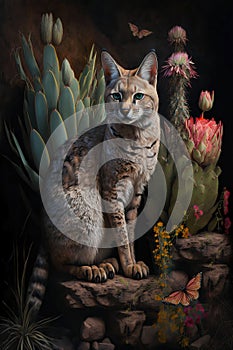 Oil painting in the vintage style of a desert lynx among roses, cacti, and plants