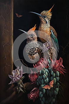 Oil painting in the vintage style of a hoopoes among roses, cacti and plants