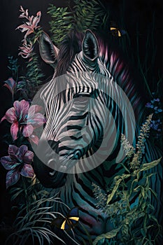 Oil painting in the vintage style of a Portrait of a zebra among roses, palm leaves and plants