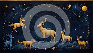 Oil painting: A whimsical interpretation of the zodiac constellations, with each sign represented by a beautifully detailed