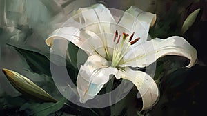 An oil painting of a white lily. AI Generated