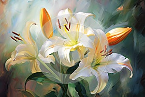 Oil painting of white lily flowers on canvas illustration. Beautiful botanic lily flower oil paint illustration, AI Generated