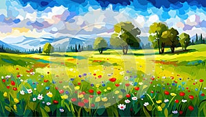 Oil painting wild flowers, cornflower, chamomile fields.