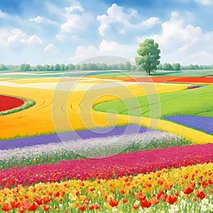 Abstract Oil painting landscape background. Nature wallpaper of green field, yellow tulips flowers, blue sky and moon. panoramic
