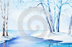 Oil painting - winter landscape, colorful watercolor