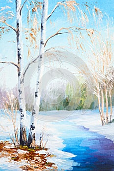 Oil painting winter landscape, frozen river in the forest.