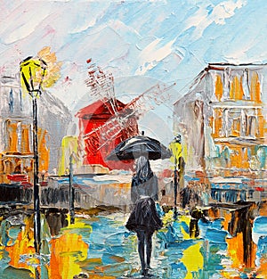 oil painting, woman with an umbrella near the Moulin Rouge, a walk in Paris