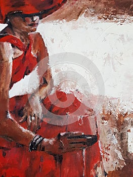 Oil painting Of Women In Red Dresses. Fashion illustration.